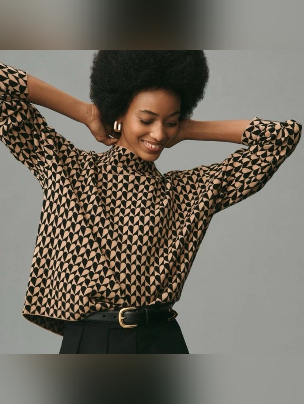 Maeve Black and Tan Geometric Mock Neck Sweater